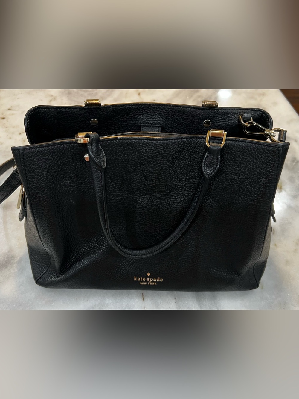 kate spade Black Pebbled Leather Tote Satchel with Gold Hardware